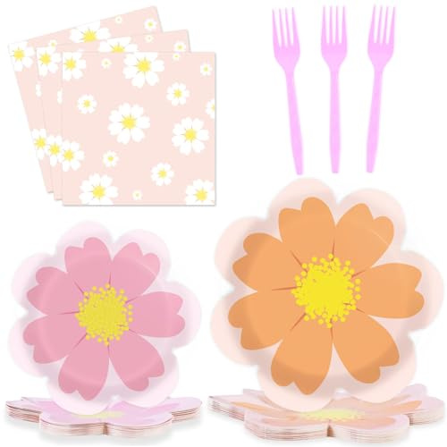 96 Pieces Flower Themed Party Supplies Daisy Flower Shaped Plates Tableware Set Boho Daisy Table Decoration Disposable Plates Napkins Forks for Birthday Floral Baby Shower Party Favor 24 Guests