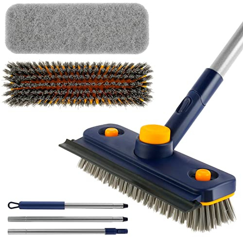 Long Handled Scrubbing Brush, 3 in 1 Extendable Tub Tile Cleaner Scrubber with 360 Degree Rotatable Head 46 inches Stiff Bristle Floor Scrubber and Sponge Brush for Wall Bathtub Bathroom