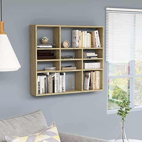 FIRBNUS 90x16x78 cm Estantería de Pared Madera Contrachapada con 10 Compartimentos Abiertos Estantes de Wall Estante de Exhibición Suspendidas de Tablero Roble Sonoma Estanterías Flotantes