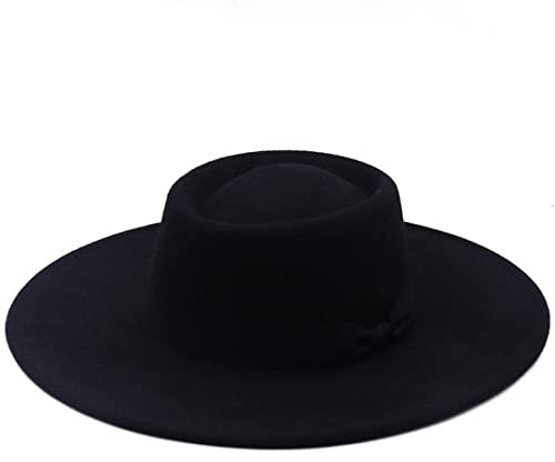 Damenhut mit breiter Krempe, einfarbig, schwarz, flache Kappe, Bootsfahrer, Wolle, Fedora, Filz, Hüte, Kirche, Hochzeit, Panama, Schwarz , 6 7/8-7 1/8