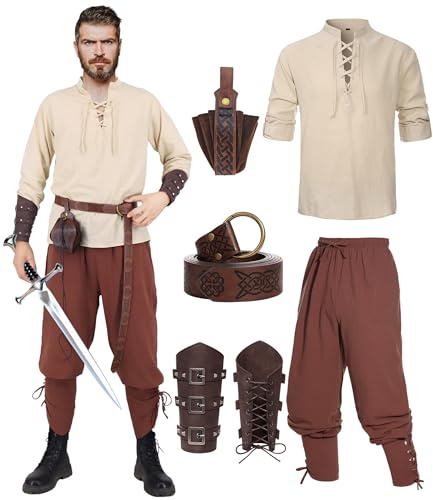 Chemise médiévale pour homme, costume de viking, Renaissance, victorien, chemise à lacets, chemise de pêcheur, guerrière, gothique, col montant, cosplay, haut avec pantalon à genouillères,
