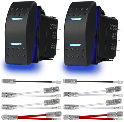 MKBKLLJY 2St. Automatischer Sperr-Wippschalter Ein/Aus/Ein 3 Positionen Wasserdichtes DC 12V/20A 24V/10A 7Pin DPDT Blaues LED Licht, mit Überbrückungskabel Set für Boot LKW Auto