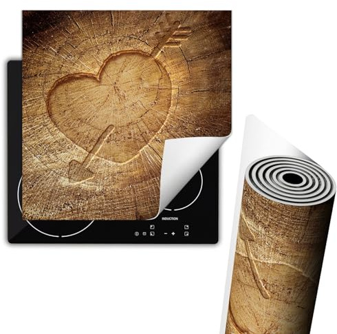 TMK ArtDeko Herdabdeckplatte Einteilig Küche Herdabdeckung Ceranfeld Herdabdeckplatten Anti Rutsch Matte Aufrollbar 60x52 cm, Herz Holz