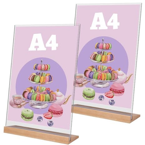 Yoosso 2 Stück Tischaufsteller, A4 Preisschilder Aufsteller L Form Tischständer Acryl Werbeaufsteller Display mit Holzfuß für Hochzeit Restaurant Büro Cafe (21 x 29,7cm)