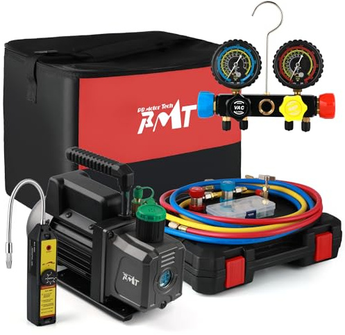 PB Motor Tech BMT PB Motor TECH - Bomba de vacío de 4.5 CFM 1/3HP con manómetro de CA de 4 vías para R134a R22 R401a, con detector de fugas, grifo de lata de perforación R134a y otros accesorios