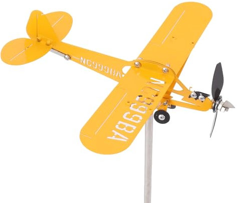 Tissting Veleta de Avión Piper J3 Cub Metal 3D Amarillo Viento Spinner con Punta de Flecha y Alas Dobles, Molino de Viento de Avión Decorativo para Jardín Patio Césped(10.8in)