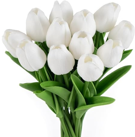 JINGTOPS 12 Fiori Tulipani Artificiali Realistici, Tulipani Finti,Fiori Artificiali, Ghirlanda di Tulipani Bianchi Primaverili,Decorazione per Matrimonio, Cucina, Ufficio, Bar, Decorazioni per Casa
