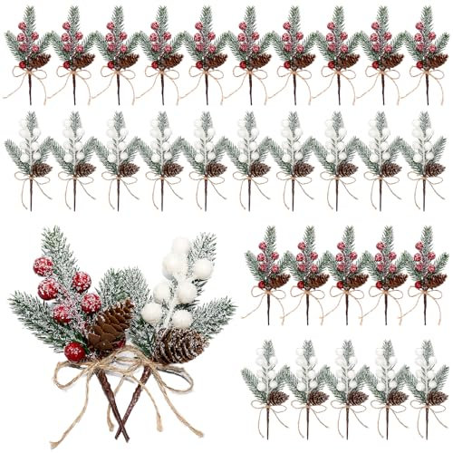 canddy 30Pack Artificial Pine Picks, 6inch Flocked Holly Christmas Red and White Berry Picks Stems, Christmas Picks and Sprays Faux Floral Picks with Pinecones for DIY Gift Floral Arrangements