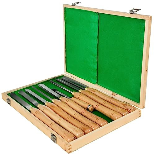 8 pièces + 1 jeu de ciseaux de tour HSS gratuit for le tournage du bois racine couteau à découper 6.89 lame 16.14 ciseau avec boîte à outils pour les débutants en bricolage(Burlywood)