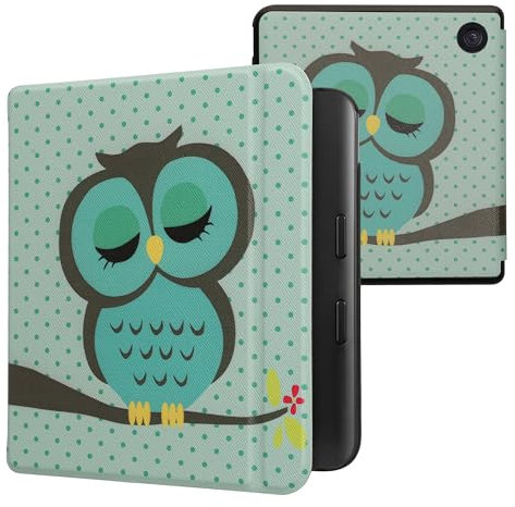 kwmobile Klapphülle kompatibel mit Kobo Kobo Libra Colour/Tolino Vision Color Hülle - eReader Case - Eule Schlaf Türkis Braun Mintgrün