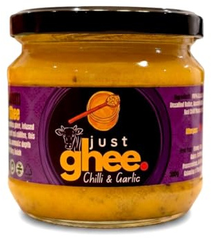 Just Ghee Chilli Garlic Ghee 300g | Grass-Fed Clarified Butter Infused with Roasted Garlic & Red Chilli | High Smoke Point Cooking Ghee | Keto, Handcrafted in UK