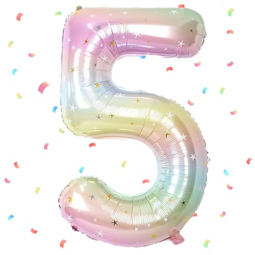 UDRKFOPK Sifferballong, gradient färg, siffran 5, 101 cm, folieballong, nummerballong, för helium eller luft, födelsedagsdekoration för 5 år, för barn, flicka eller pojke.