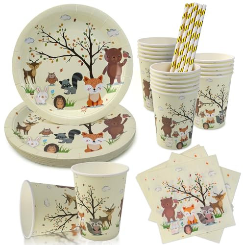 VZXZXE Set di 64 stoviglie per feste di compleanno con animali della foresta, decorazione per feste di compleanno dei bambini, posate include piatti, tovaglioli, tazze, cannucce (per 16 ospiti)
