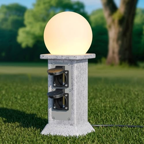 MALUX Aussensteckdose Wasserdicht in Marmoroptik, Outdoor Steckdose with LED Ball Light, 3m Kabel, IP44, 4 Steckdosen, Gartensteckdose