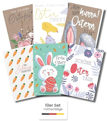 PaperStyle® Osterkarten Set mit Umschlag 10er Set – Hochwertige Klappkarten DIN B6 – Stabile Qualität, leicht beschreibbar – Frühlingshafte Motive für Familie & Freunde – Made in Germany (Grafisch)