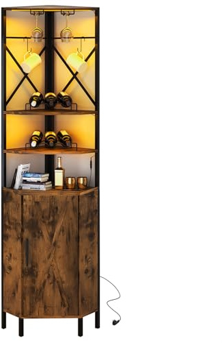 UVANIOHOM 6-stöckiger Eck-Weinschrank mit Steckdose und LED-Licht, industrieller Barschrank mit Glashalter und 2 flexiblen Haken, Bauernhaus-Likörschrank mit Tür für kleinen Raum, Küche, rustikales