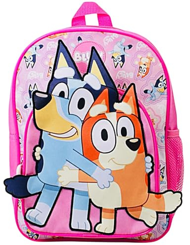 Bluey Mochila infantil con diseño de bingo 3D rosa, mochila escolar preescolar con bolsillo frontal y correas ajustables
