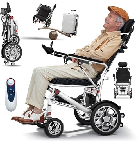 Elektrorollstuhl – Ultraleicht & faltbar, nur 15,9 kg, 400W Motor, 25–50 km Reichweite, 150 kg Tragfähigkeit, abnehmbare Kopfstütze, Mit Fernbedienung, ideal für Senioren & Behinderte (Silber, 30A)