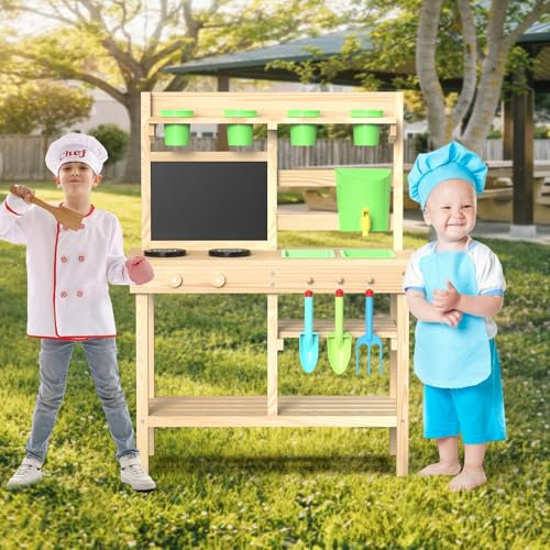 Outdoor toy kitchen made of solid fir wood – With faucet, double-sided table, shelf, sink and hob – Garden toys for children from 3 years