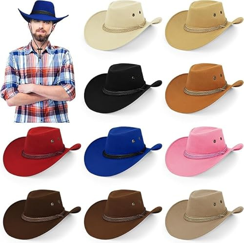 SWHCM 10 Stück Filzhüte mit breiter Krempe – Cowboyhüte für Damen und Herren – Kostümhut für Erwachsene, Halloween und Cosplay – 10 Farben