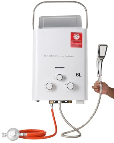 TABODD Chauffe-eau instantané 6 l 12 kW GPL avec régulateur de pression de gaz, chauffe-eau instantané sans réservoir, avec kit de pommeau de douche, pour petites maisons, cabines de voilier, pour