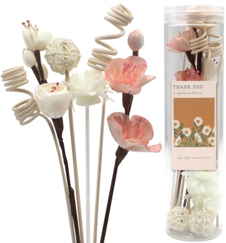 Muufuuser 16Pcs Natural Rattan Reed Diffuser Sticks with Handmade Flowers, Aroma Fragrance Diffuser Refill Replacement Set, Strong Scent Absorption for Home Office Bedroom Decor