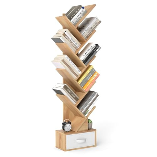 GIANTEX Bücherregal mit 10 Ebenen mit Schublade, Baum Bücherregal CD DVD Regal, Standregal in Baumform, Raumteiler Aktenregal Aufbewahrungregal Holz, freistehendes Holzregal 38x20x149,5 cm (Natur)