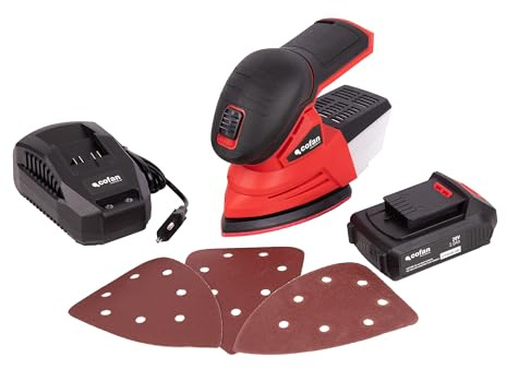 Cofan Ponceuse souris à batterie 20 V | Base 10 x 14 cm | 11 000 tr/min | Système de fixation par velcro | Comprend batterie 2,0 Ah + chargeur 2,4 A, boîte à poussière + 3 feuilles de ponçage