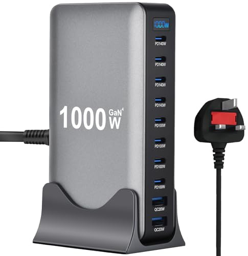 1000W GaN4 Fast Charging Station - Multi-port Charger Block, 8×USB-C Ports (140W/100W) & 2×USB-A Ports (20W QC) - Compact Multi-Device Charger for Laptops, iPhone 15/16, Galaxy, Travel & Home (1000W)