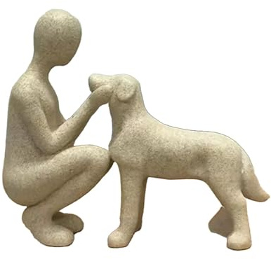 Milageto Statue von und Hund, Ornament, Tischdekoration, Sammlerstück, Skulptur von Mensch und Hund, Figur für Wohnzimmer, Büro, Bauernhaus, Café, Kamin, Beige