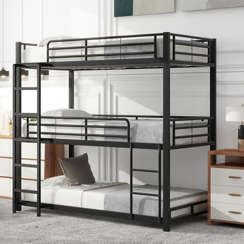 BXEYXE 90x200cm Bettgestell Metallbett,Etagenbett,Eisenbett, Dreifach-Etagenbett für Kinder, Jugendliche und Erwachsene, Schwarz