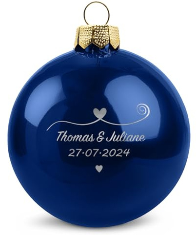 GRAVURZEILE Weihnachtskugel mit Gravur - Paar verliebt - Personalisiert mit Namen & Datum - Geschenk für Paare - Festliche Christbaumkugel als Weihnachtsdeko - Farbe: Blau Glänzend - Größe: 10 cm