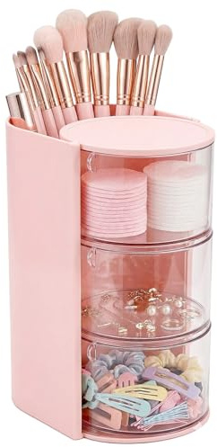 180° Drehteller Schminktisch Organizer 3-stöckiger Kosmetik Organizer Make up Pinselhalter Transparente Haar-Zubehör Aufbewahrung Für Schmuck, Haarschmuck, Puderquasten, Make-up Pinsel (Rosa)