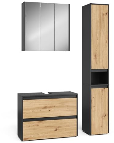 Vicco Juego de Muebles de baño de 3 Piezas Majest, Artesano, 80.1 cm, Compuesto por Mueble bajo Lavabo, Espejo con Armario y Columna de baño