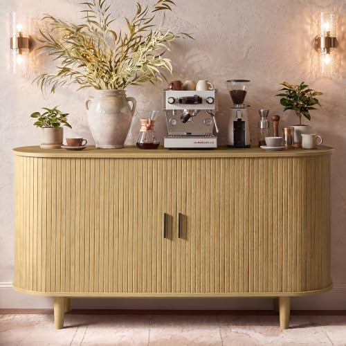 VASAGLE Aparador, Armario de Almacenaje con Puertas Correderas, Estantes Ajustables, 140 x 40 x 75 cm, Marrón Arena, para Salón y Comedor, Colección Miriana LSC631KK01