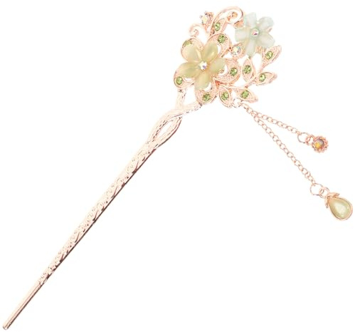 Angoily Chinese Hair Sticks Flower Classical Hairpin Green Alloy Gemstone Hair Jewelry Creative Design Flower Shape for Women Occasion Decorative Eye Catching