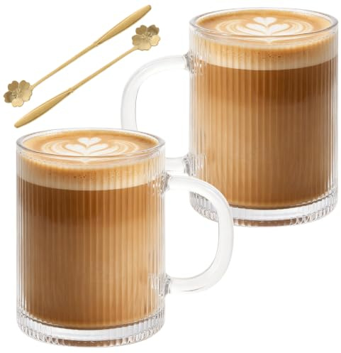 MEIDIV Set of 6 Glass Coffee Mugs, 360ml Latte Glass, Coffee Glasses with Handle, Coffee Cups with Spoons, Drinking Glasses for Cappuccino, Macchiato, Tea, Milk, Juice, Cold & Hot Drinks