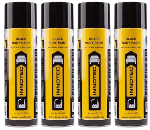 4 Stück INNOTEC Black Body-Paint 500 ml – matt-schwarzer Sprühlack für Fahrzeugunterboden, Motorenteile, Metalloberflächen & Karosserieteile – deckende Lackierung für Kfz-& Industrieanwendungen