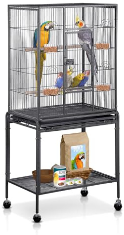 SUPER DEAL 53-Inch Rolling Bird Cage Large Wrought Iron Cage for Cockatiel Sun Conure Parakeet Finch Budgie Lovebird Canary Medium Pet House with Rolling Stand & Storage Shelf