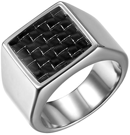 JewelryWe Schmuck Herren-Ring, Edelstahl Kohlenstoff Faser Kohlefaser Kariert Plaid Quadrat Rechteck Siegelring Band Ring für Männer, Schwarz Silber/Gold