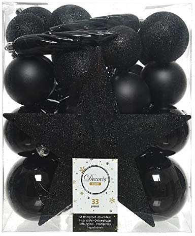 33er Set Kunststoff - Weihnachtskugeln Mix mit Sternspitze Schwarz