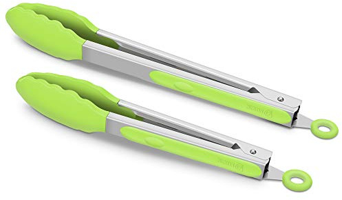 Set di 2 pinze da cucina in silicone di alta qualità, 20 cm e 30 cm senza BPA, antiaderenti, in acciaio inox, per barbecue e grigliate, colore: verde chiaro