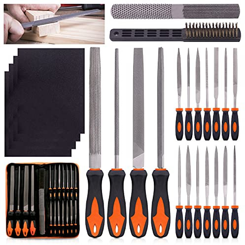 Swpeet Lot de 24 limes en métal avec râpe à bois 4 en 1 et brosse métallique avec étui de transport, limes aiguilles, limes plates, limes rondes demi-rondes triangulaires pour façonner le métal, le