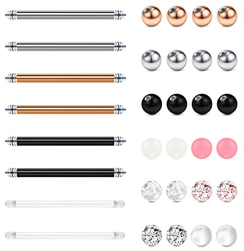 Briana Williams 4 Paar Zungenpiercing Brustwarzenpiercing Chirurgenstahl Flexible 12/14/16/18mm Barbell mit 5mm Ersatzkugel Piercing