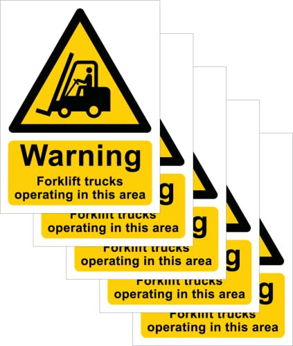 Pack of 5 self adhesive vinyl safety signs 135mm x 180mm -Warning Forklift trucks operating in this area