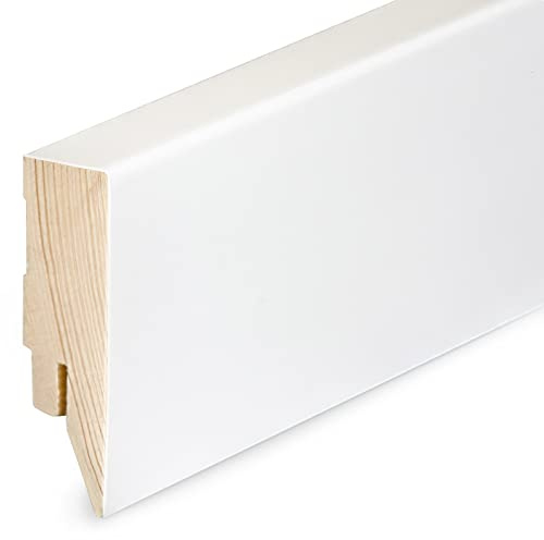 HORI Sockelleiste mit Massivholzkern RAL 9016 Weiß foliert - Zubehör: Clips, Außenecken, Innenecken, Endkappen - Moderne Fußleisten für Laminat, Vinyl & ParkettModern foliert RAL9016