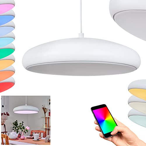HOFSTEIN LED Hängeleuchte Rhone, dimmbare Pendellampe aus Metall in Weiß, Hängelampe Bluetooth/RGB Farbwechsler, Steuerbar über Smart App, 27 Watt, 3400 Lumen, CCT 2700-6500 Kelvin, Esszimmer, Küche