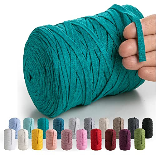 MeriWoolArt® Baumwollgarn Band Grün - 10mm T-Shirt Band Garn für Stricken, Makramee, Häkeln, Weben, Geschenkband - 150 m Baumwollband (Meeresgrün)