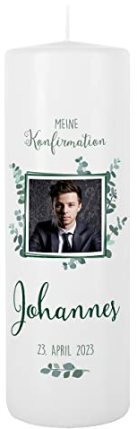Herz & Heim® Konfirmationskerze mit Gratis Aufdruck des Namens u. des Datums 8 x 25 cm Blau mit Foto