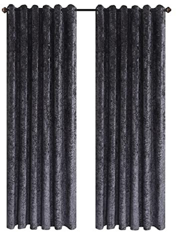 CHARKHAH Crushed Velvet Curtains for Bedroom Living Room Kitchens Ultra Soft and Graceful Fabric Pair of Fully Lined Prepared Blackout Curtain with Eyelet Ring Top (Charcoal, 46 Wide x 54 Drop)